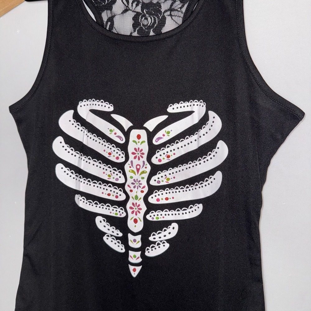 Halloween Skeleton Graphic‎ Goth Spooky Lace Women's Racerback Tank Top - Picture 5 of 6